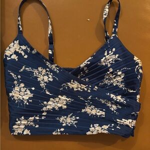 Abercrombie Satin Floral Navy Blue and White Cami Crop Tank Top, M